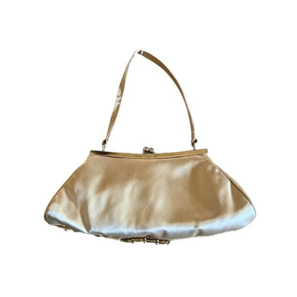 Bijoux Terner Beaded Sequin Evening Bag Champagne Gold Satin Purse Y2K - Picture 4 of 6